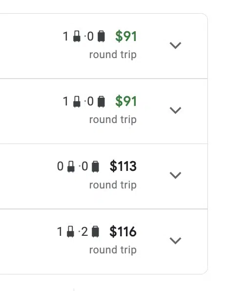 Google Flights baggage allowance, close-up. 