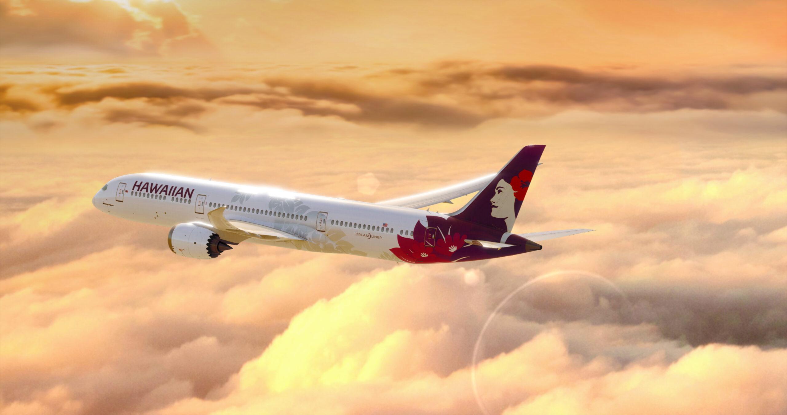 hawaiian airlines plane flying in an orange sky