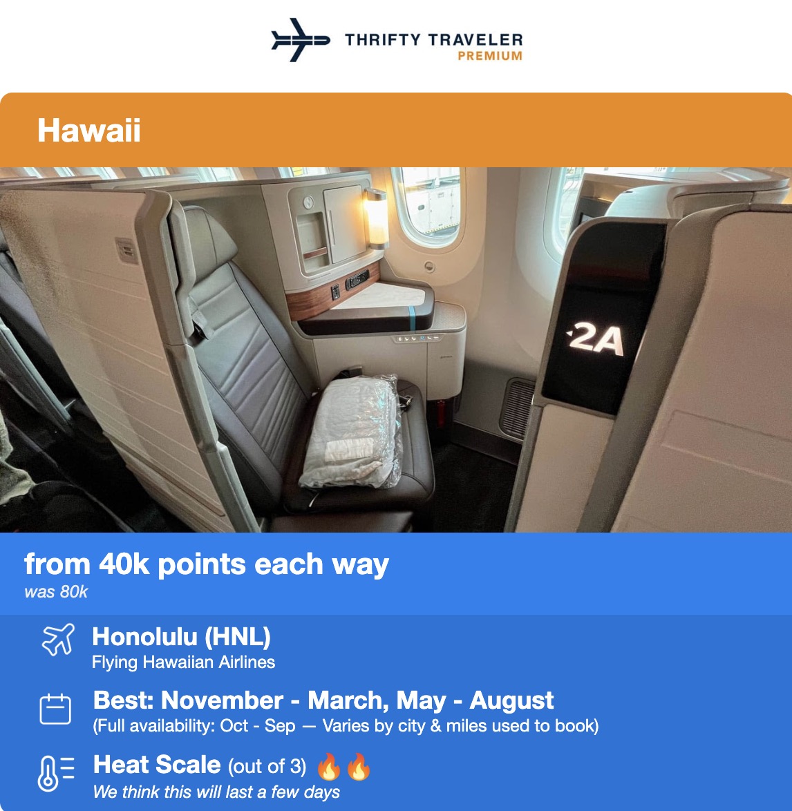 Hawaiian Airlines business class from 40,000 miles each way