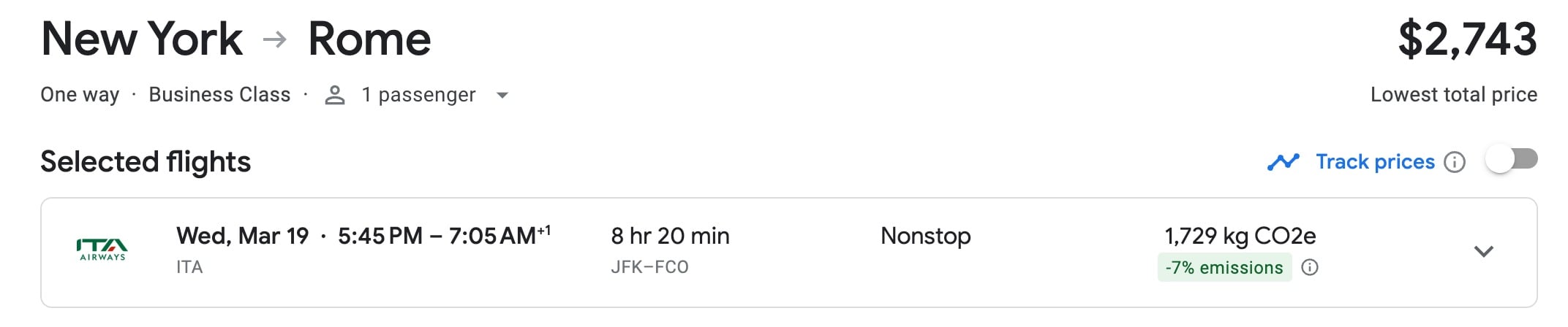 JFK-FCO ITA Airways Biz Class Google Flights