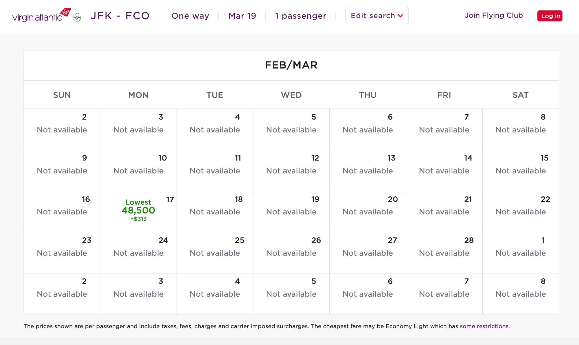 JFK-FCO Virgin Atlantic points 