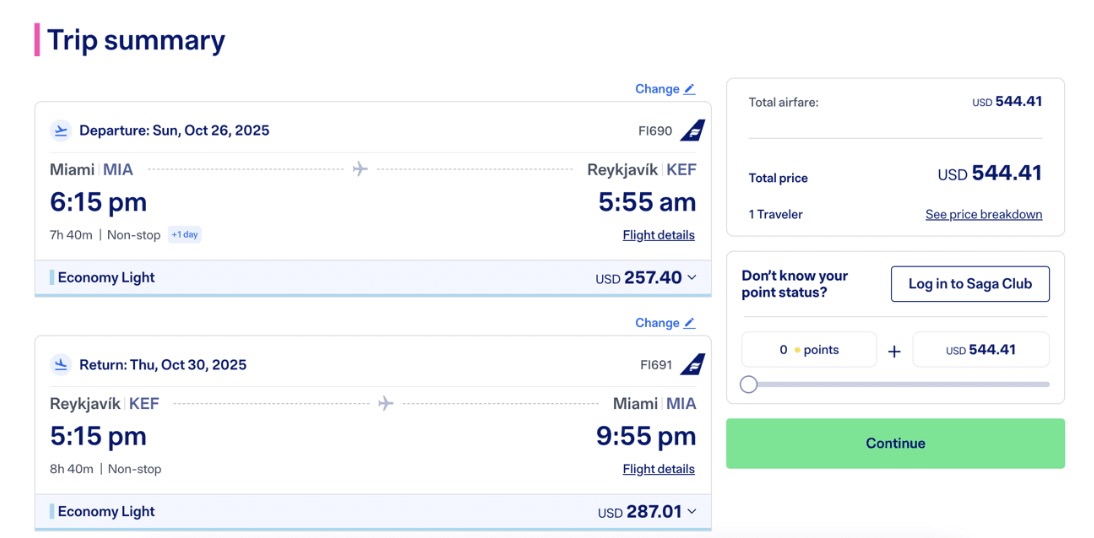 Miami to Keflavik airfare in the $500s RT