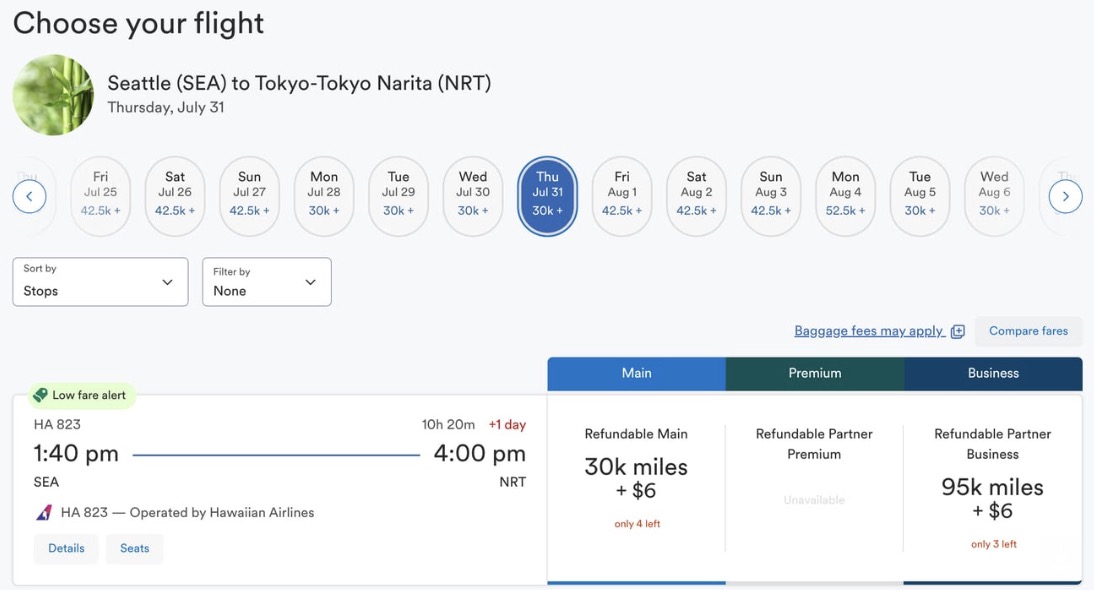 Seattle to Narita airfare for 95,000 miles