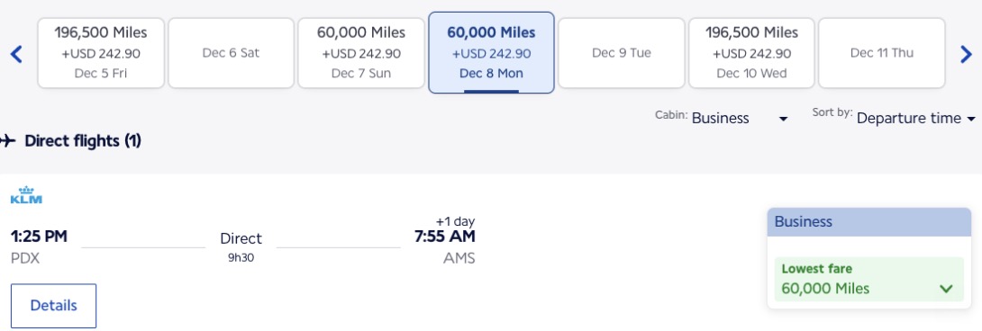 Portland to Amsterdam fare