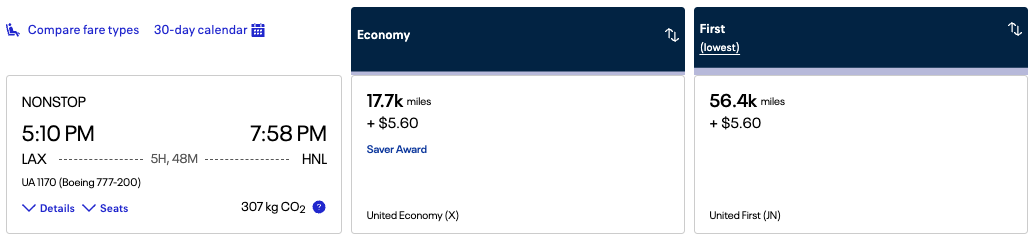 United award booking from LAX-HNL for 17,700 miles in economy