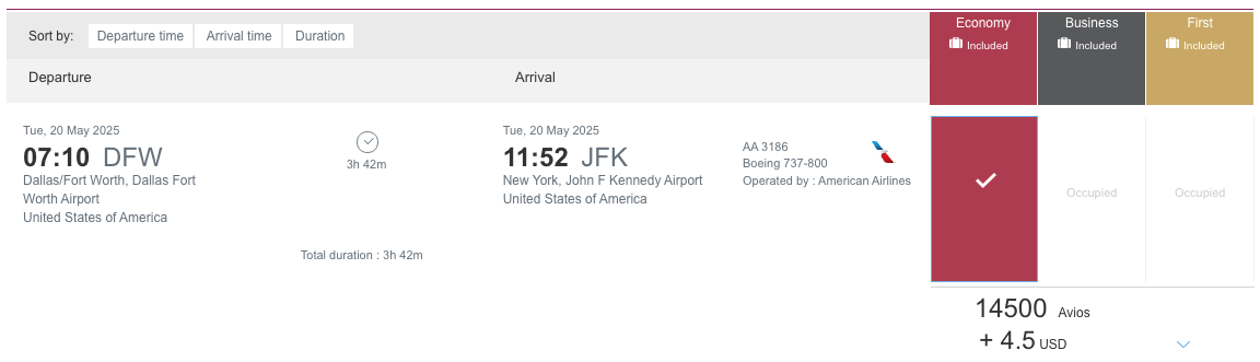 Qatar Airways award booking from DFW-JFK for 14,500 Avios