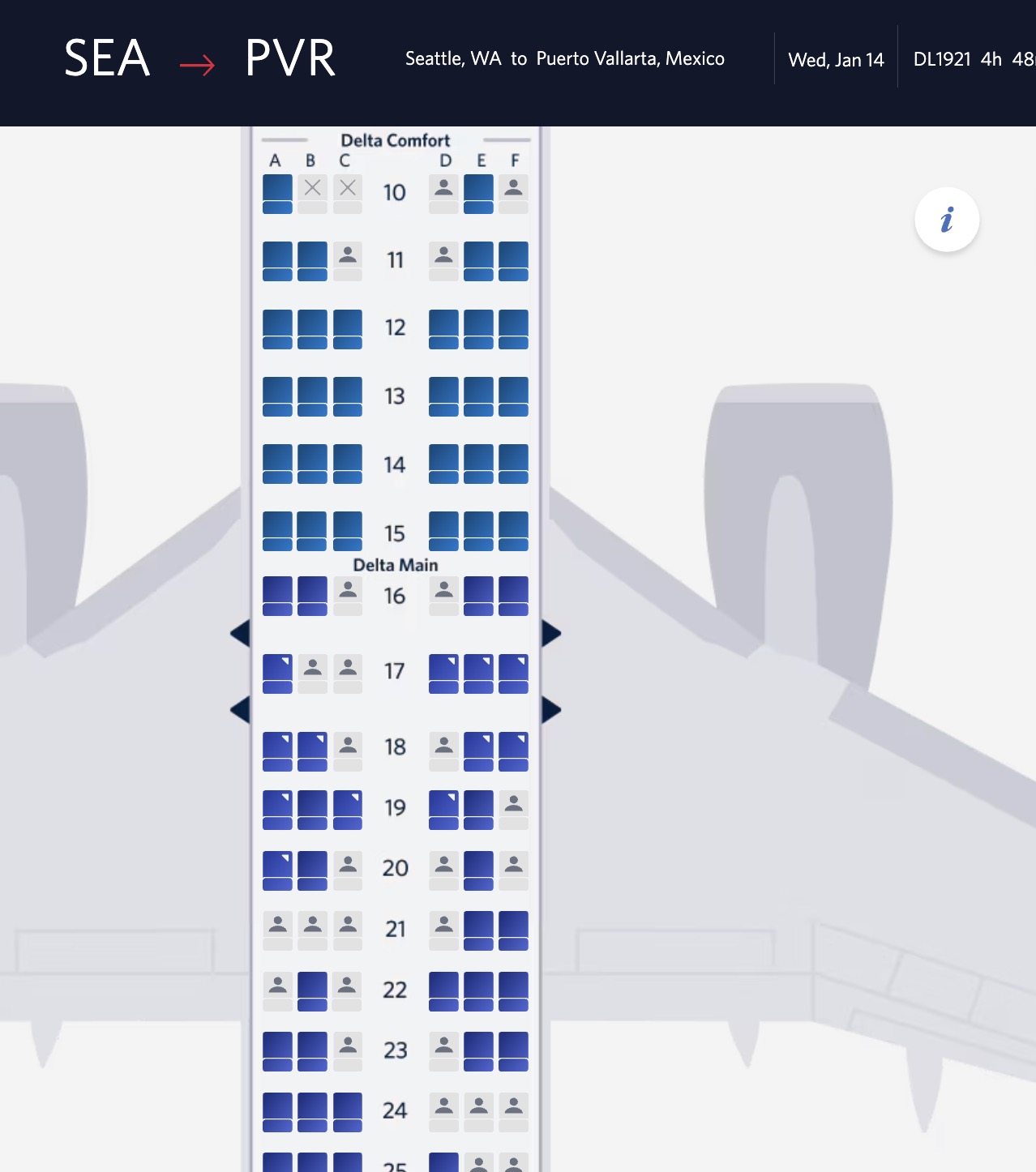 Delta seat map from SEA-PVR in January 2026