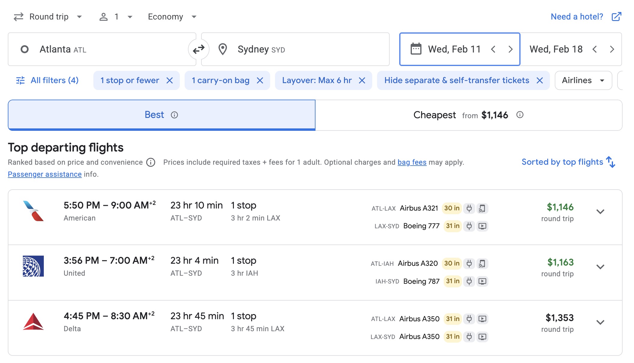 Want to Fly to Australia? Here's the Key to Saving Big (& Even Flying Lie-Flat, Too!) 3 Atlanta to Sydney fare search on Google Flights