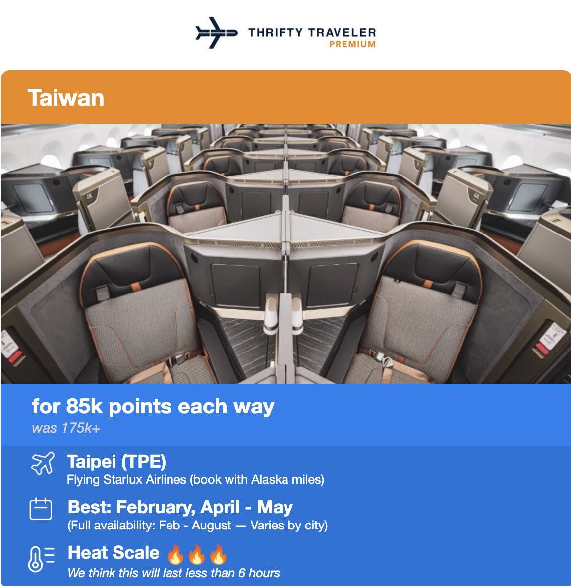 Starlux business class flight deal to Taipei