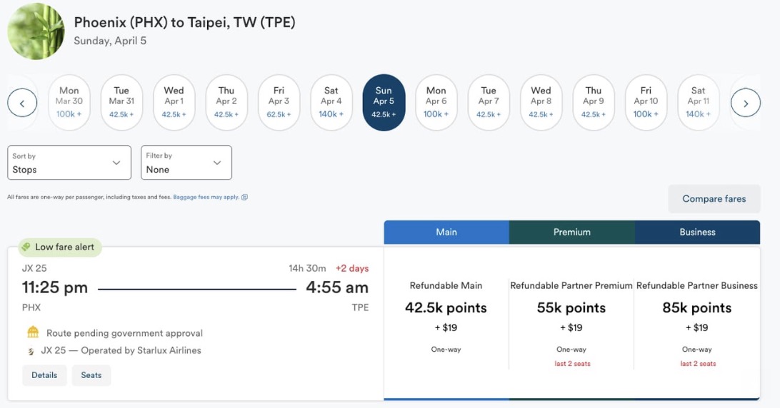 Starlux business class airfare for 85,000 points