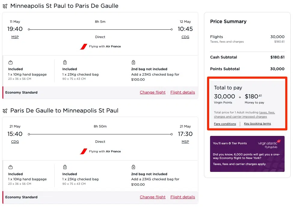 Virgin Atlantic booking flying Air France from MSP-CDG for 30,000 points