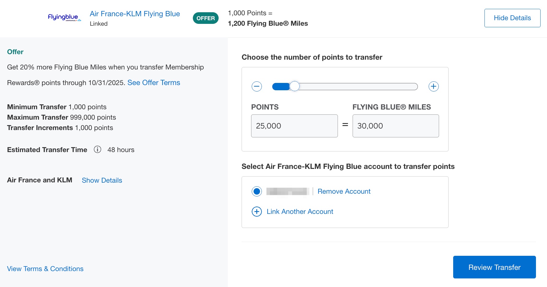 transfer bonus from amex to air france klm showing 20,000 points becoming 25,000 miles