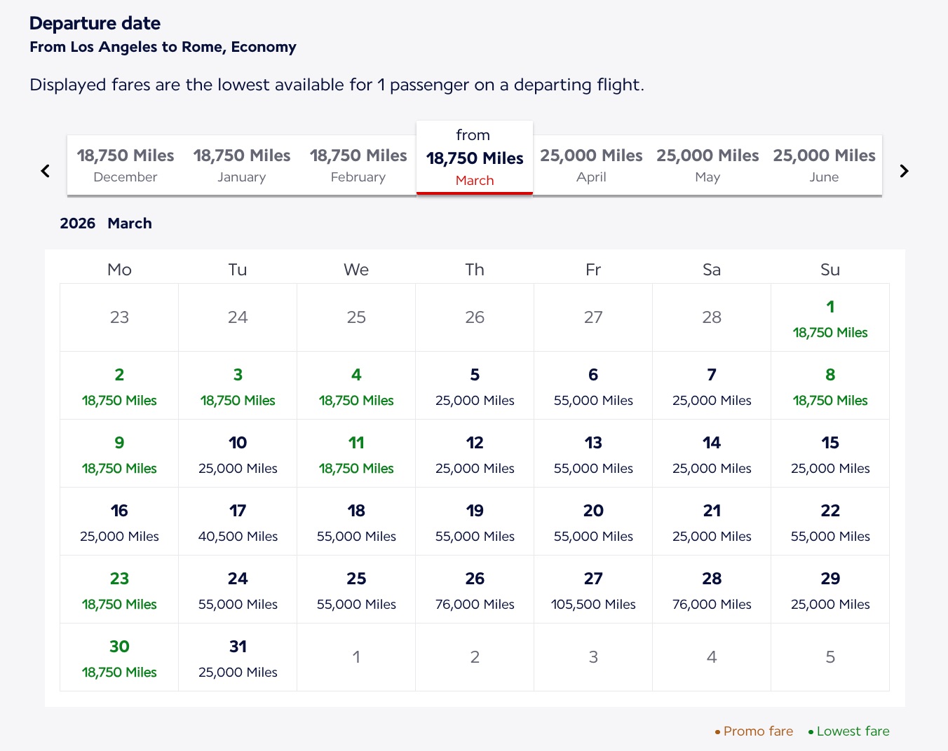 calendar of award fares from los angeles to rome for 18,750 miles