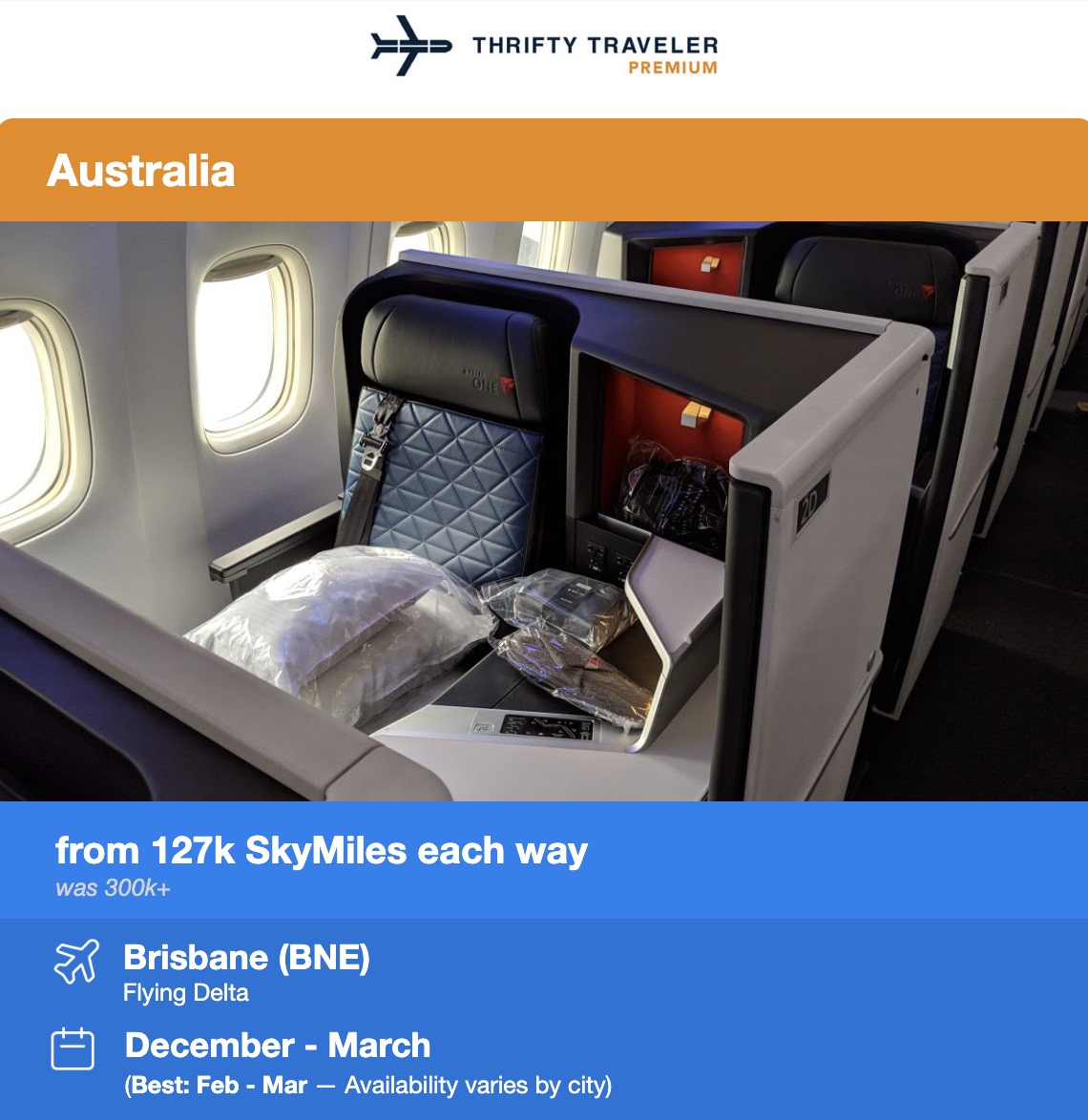 a thrifty traveler premium flight deal to brisbane australia flying Delta One using SkyMiles