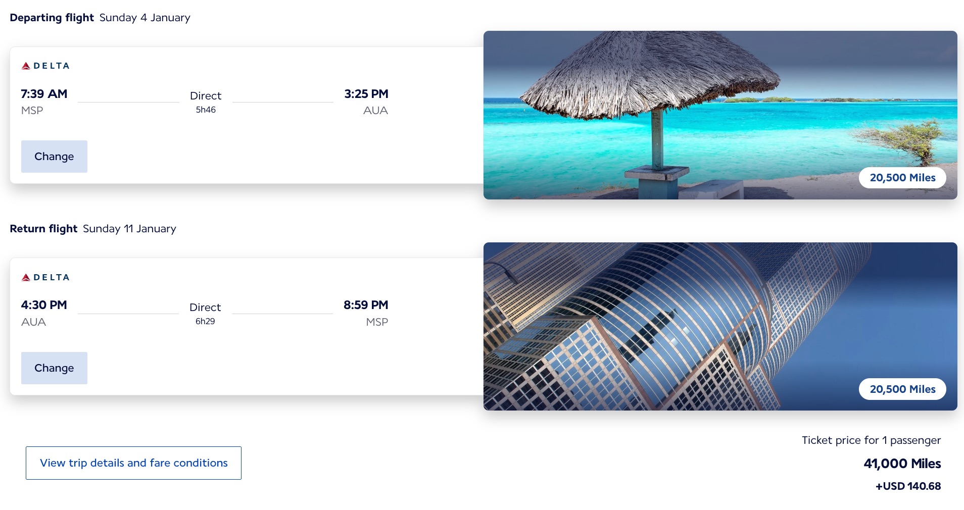 minneapolis to aruba for 41,000 air france miles