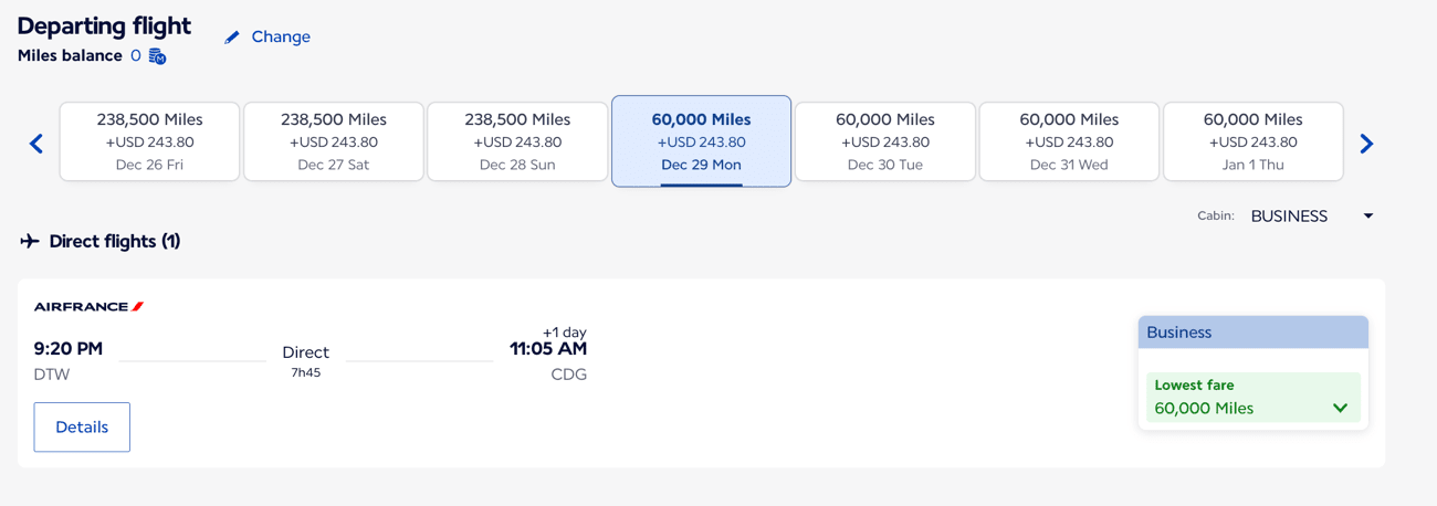 air france dtw to paris redemption for 60,000 miles