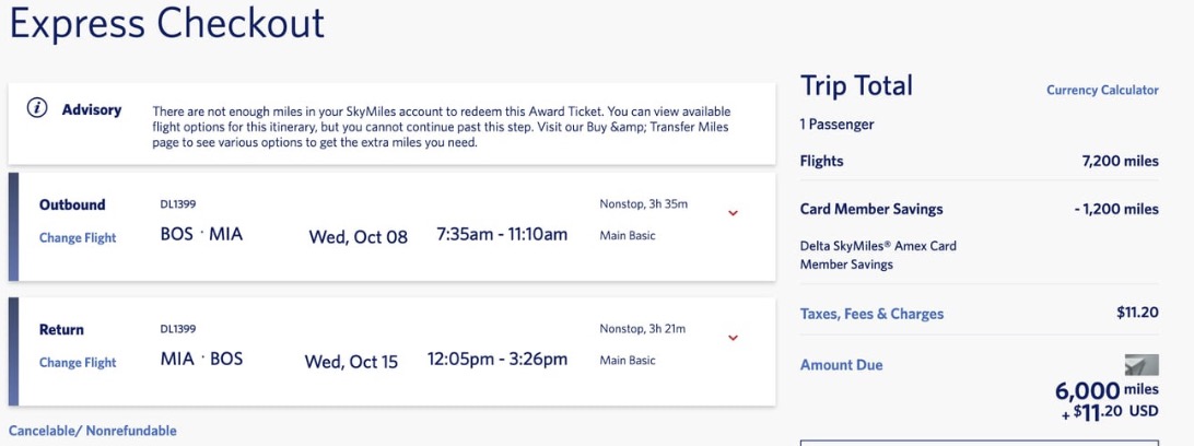 Florida airfare for 6,000 SkyMiles RT