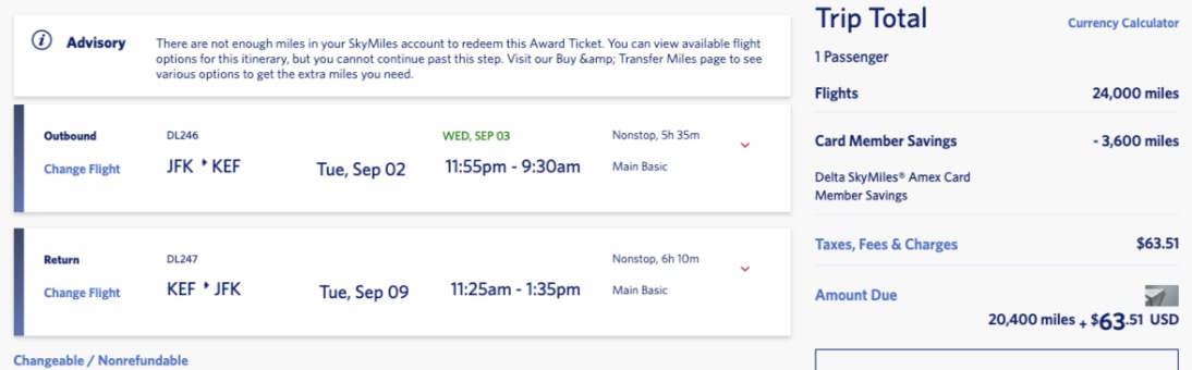 New York to Iceland for 20,000 SkyMiles nonstop