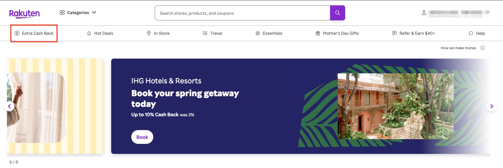 Rakuten homepage with "Extra Cash Back" option in the top left corner. 