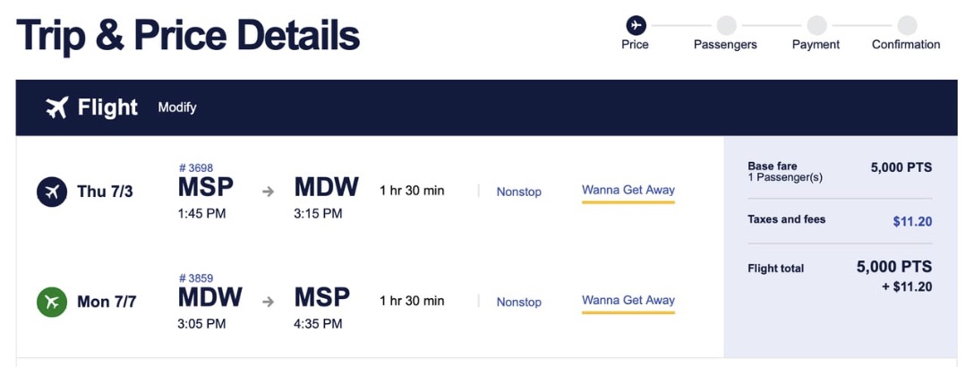 Rapid Rewards airfare for 5,000 points roundtrip. 