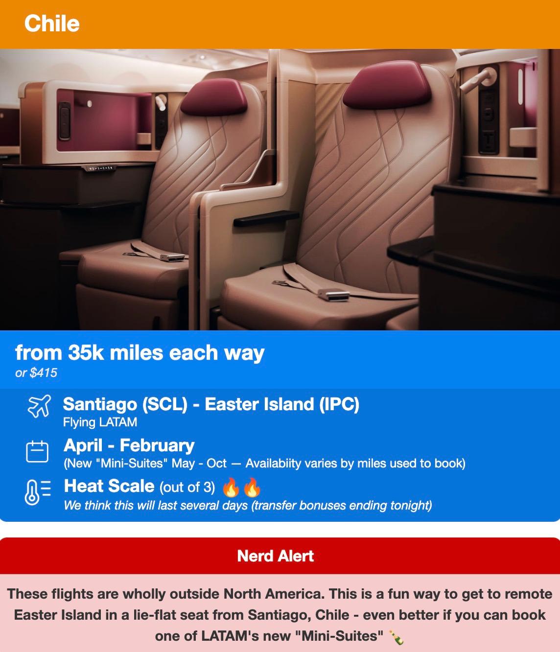 LATAM business class seats from 35,000 points each way. 