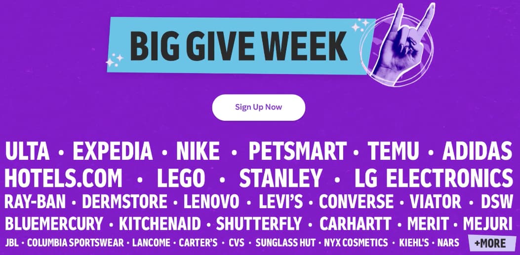 Purple banner announcing Rakuten's "Big Give Week" with 15% back at merchants like Ulta, Expedia, Nike, and more. 
