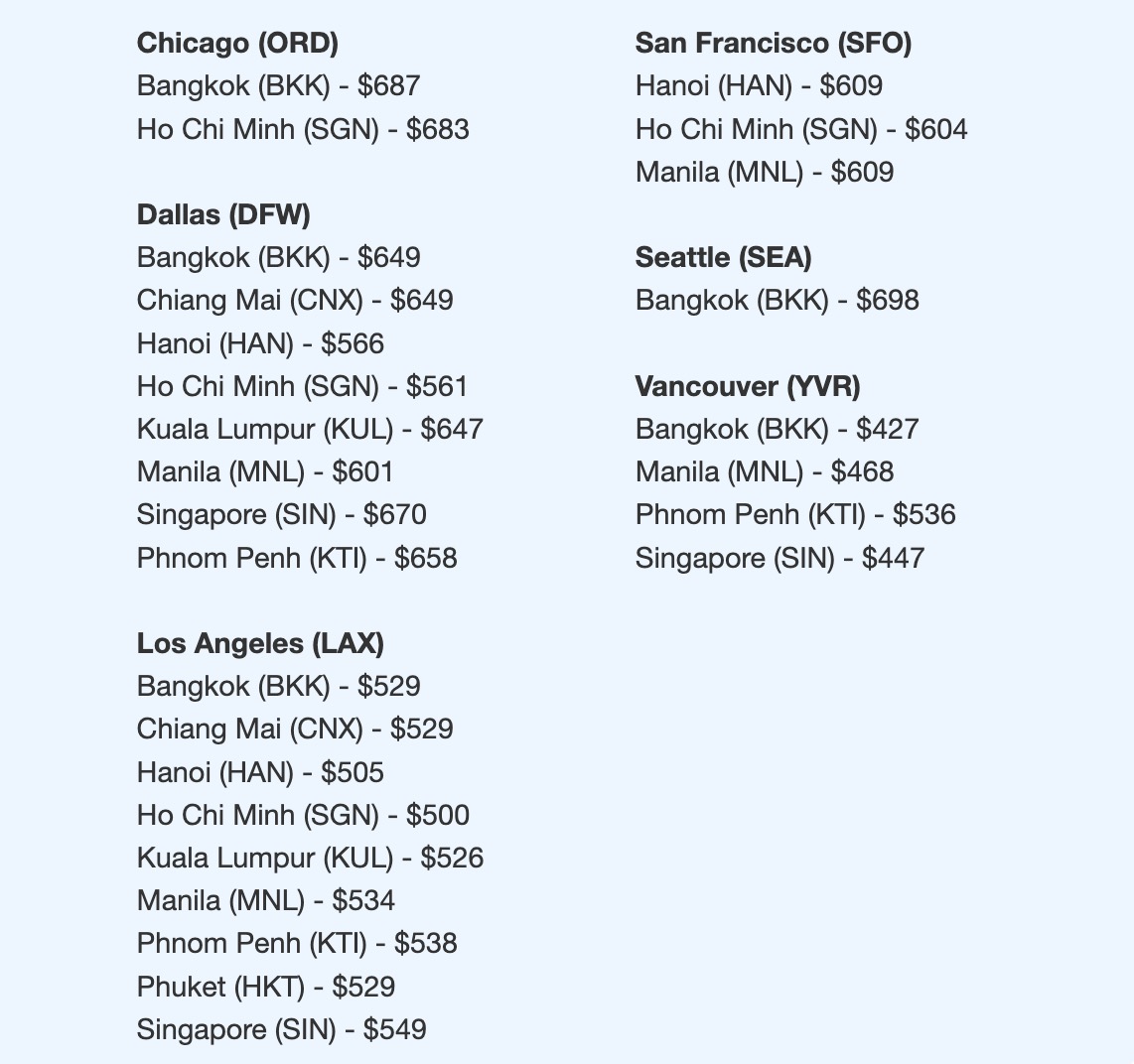 Fares on Cathay Pacific to Asia