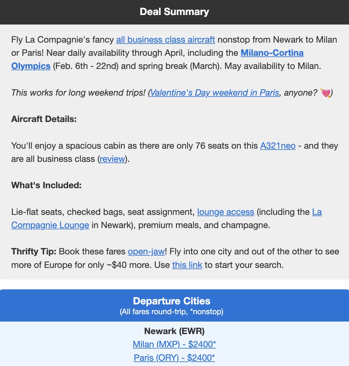 La Compagnie business class flight deal