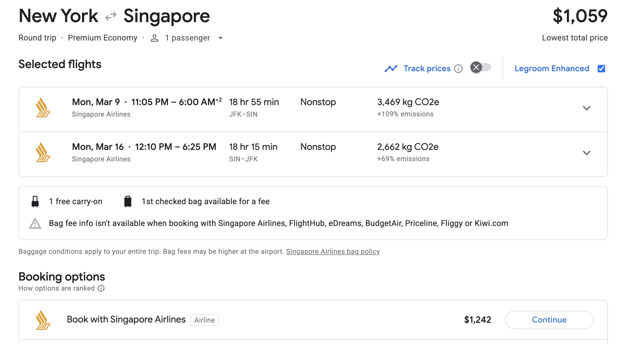 New York to Singapore roundtrip premium economy fare for $1200