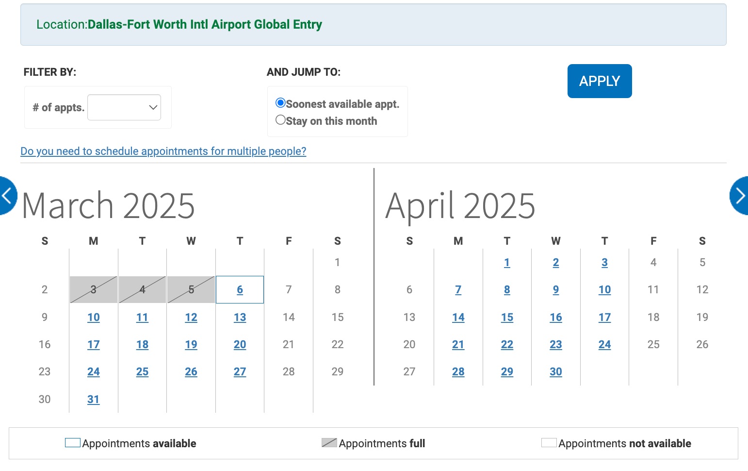 two month calendar of global entry appointments in dallas