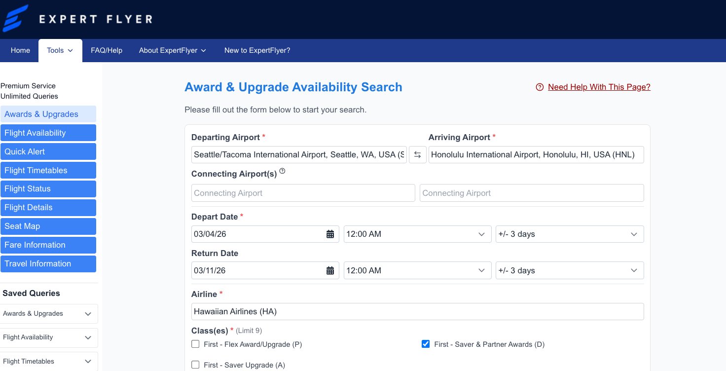 expert flyer award search tool