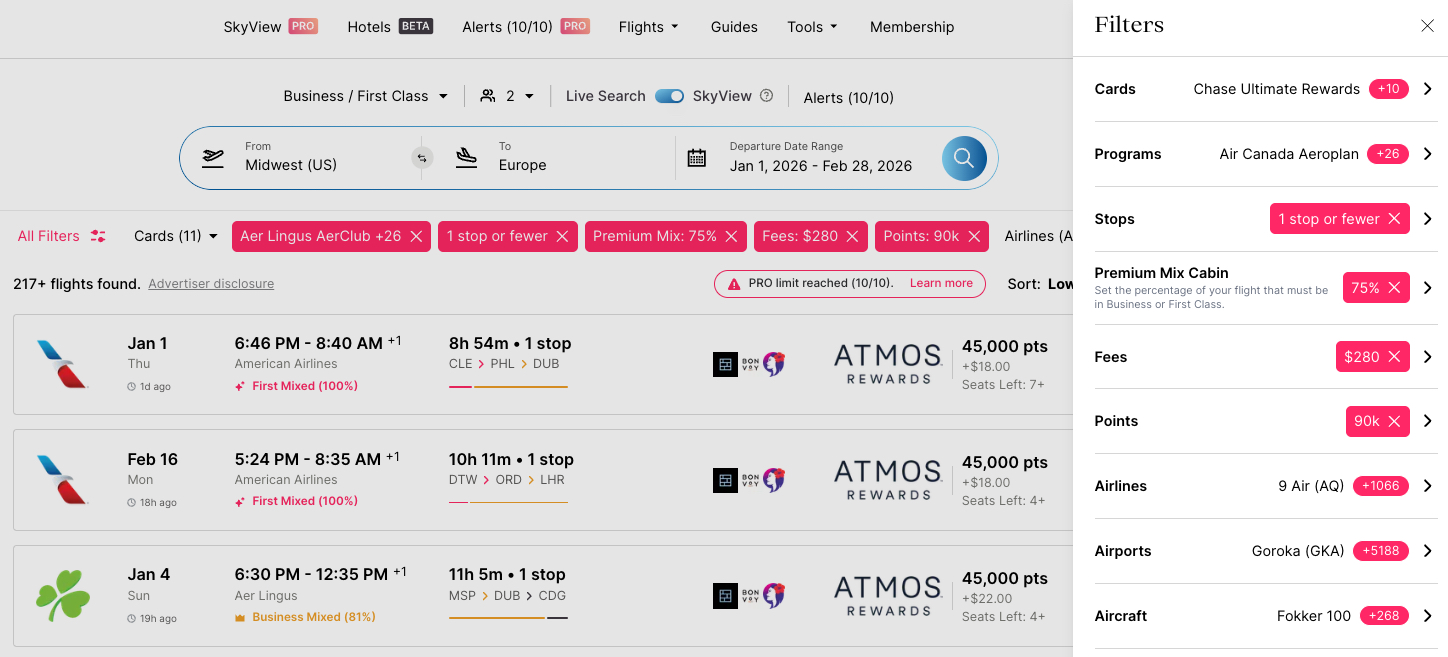 filters with Roame award search tool