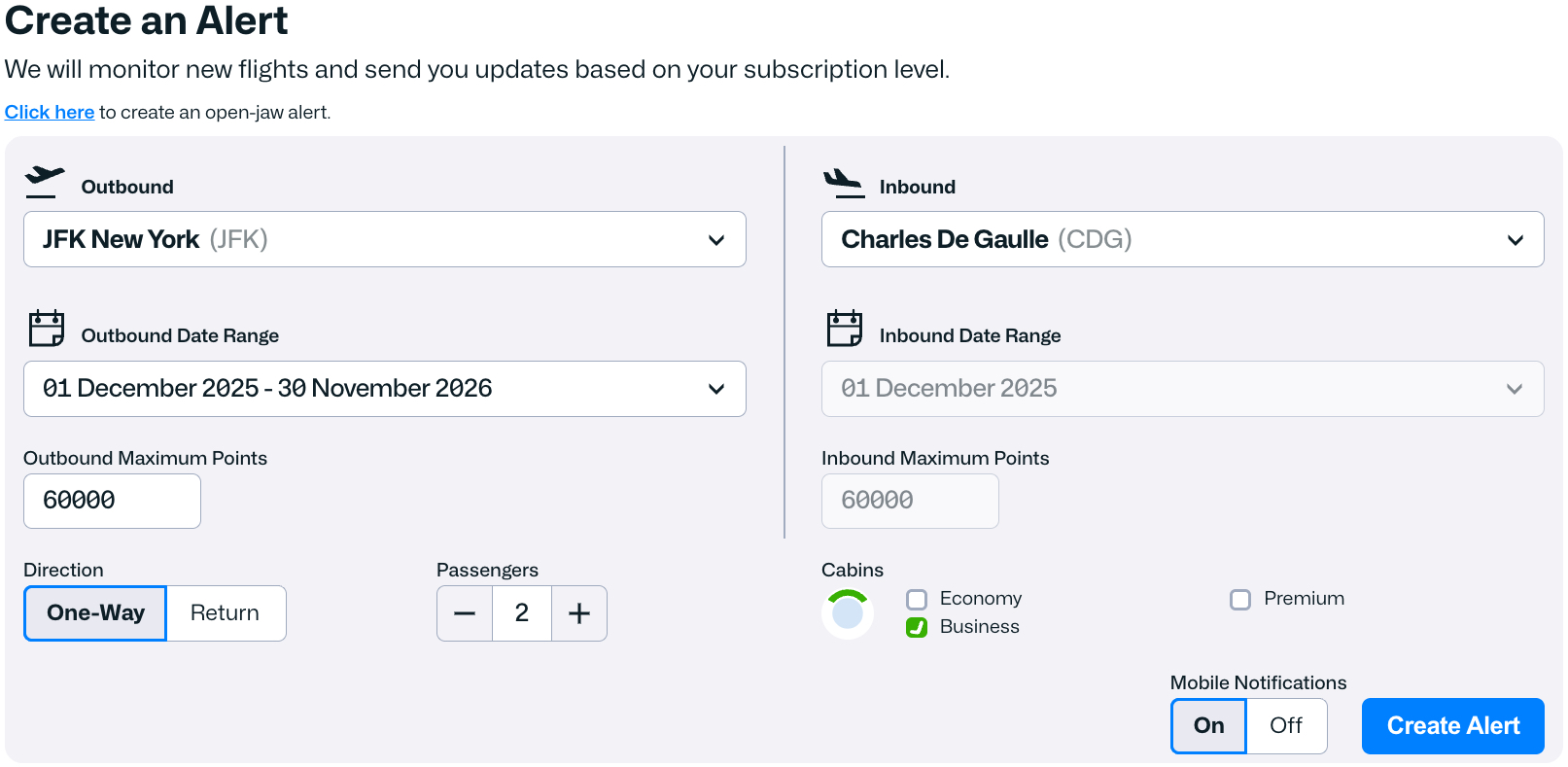 screenshot of creating an alert on seatspy