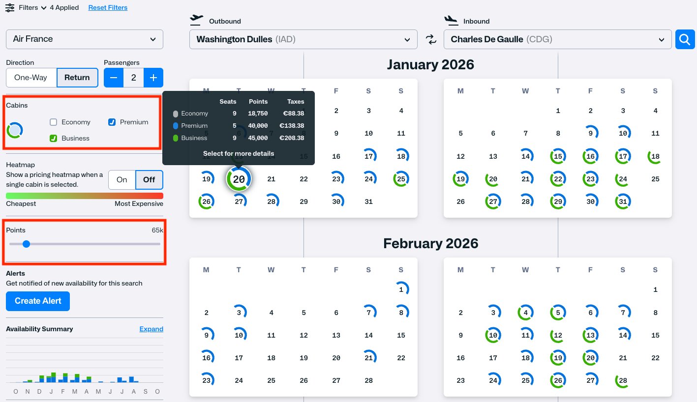 highlighting filters available on seatspy award search calendar