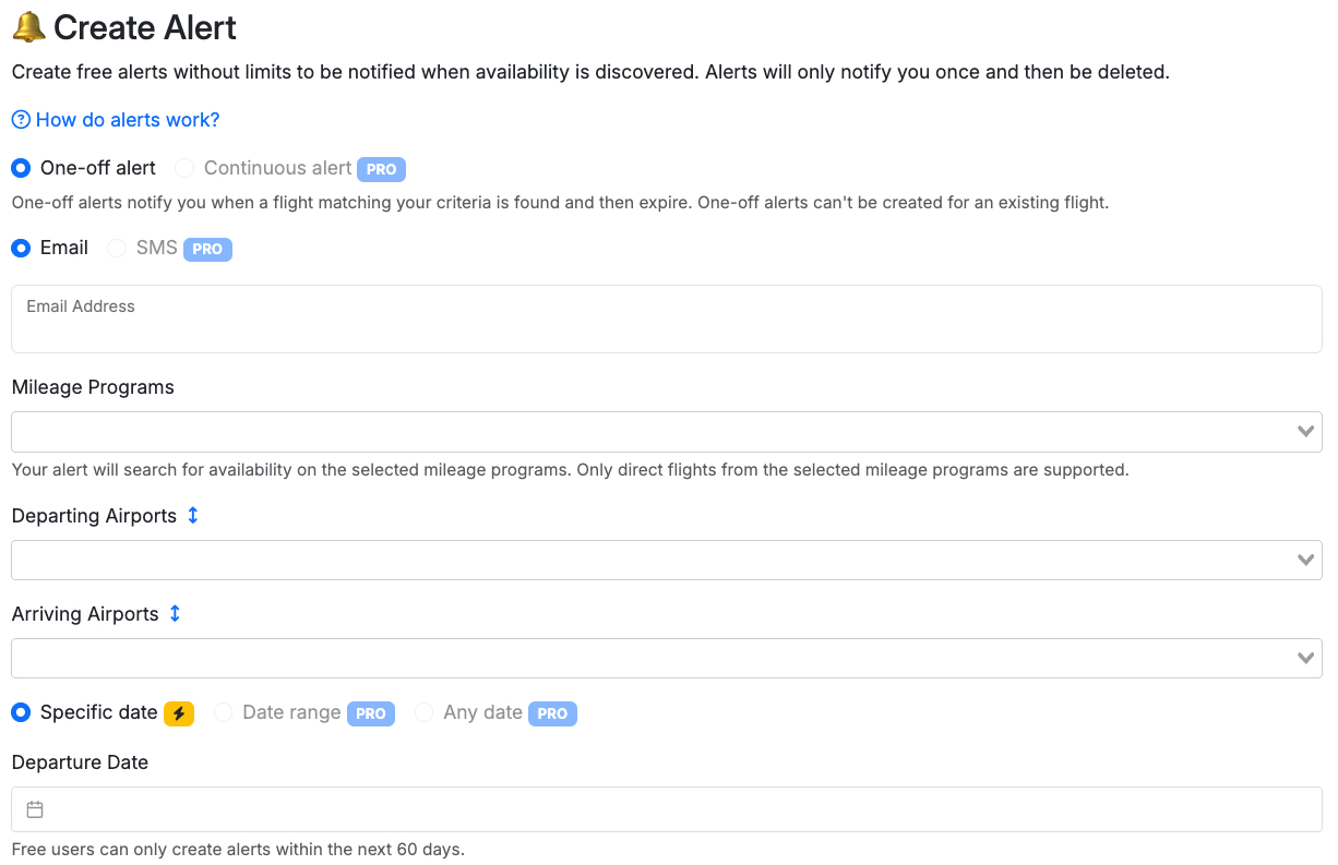 screenshot of seats dot aero alert creation