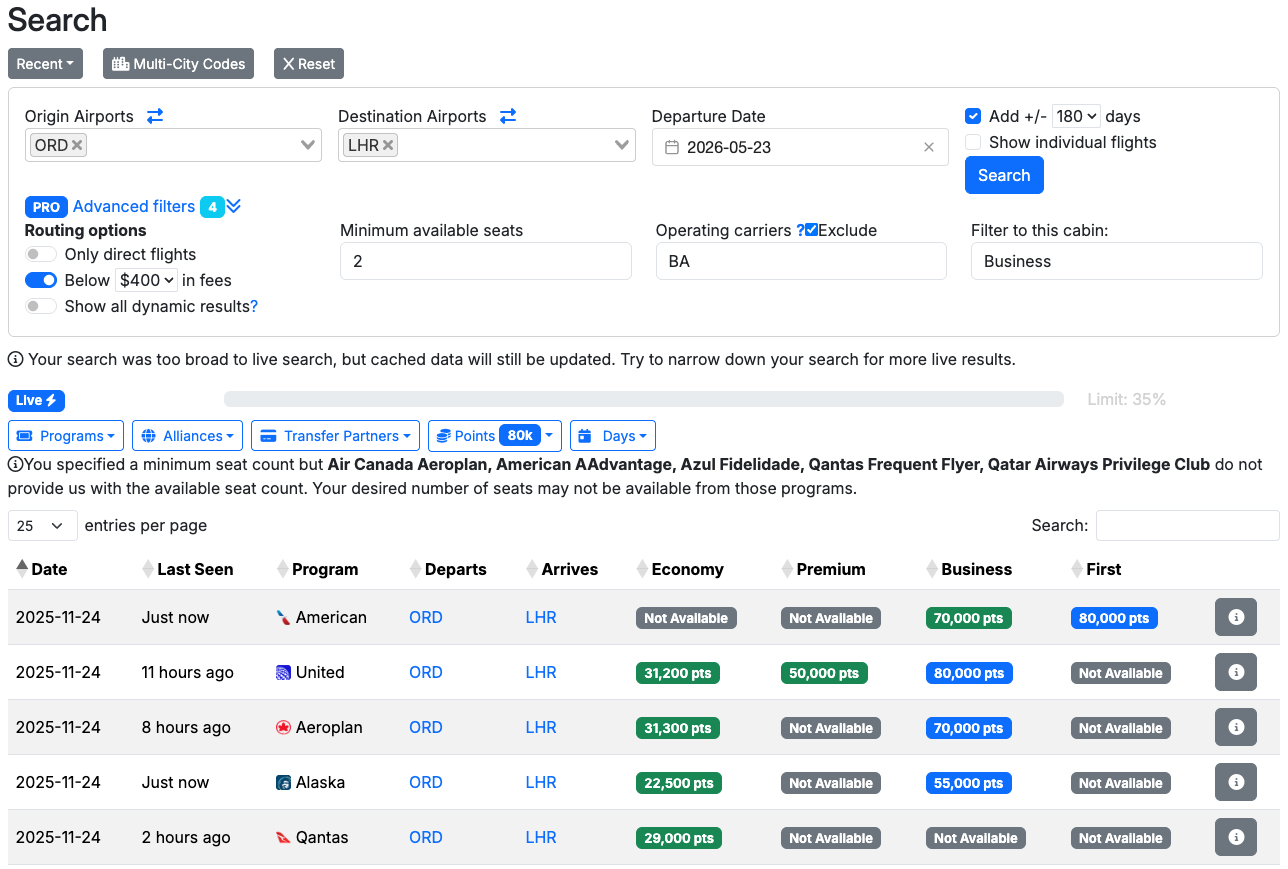 seats dot aero live search