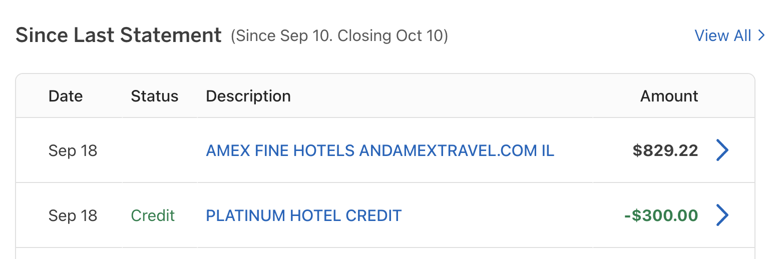 Amex Platinum $300 hotel credit