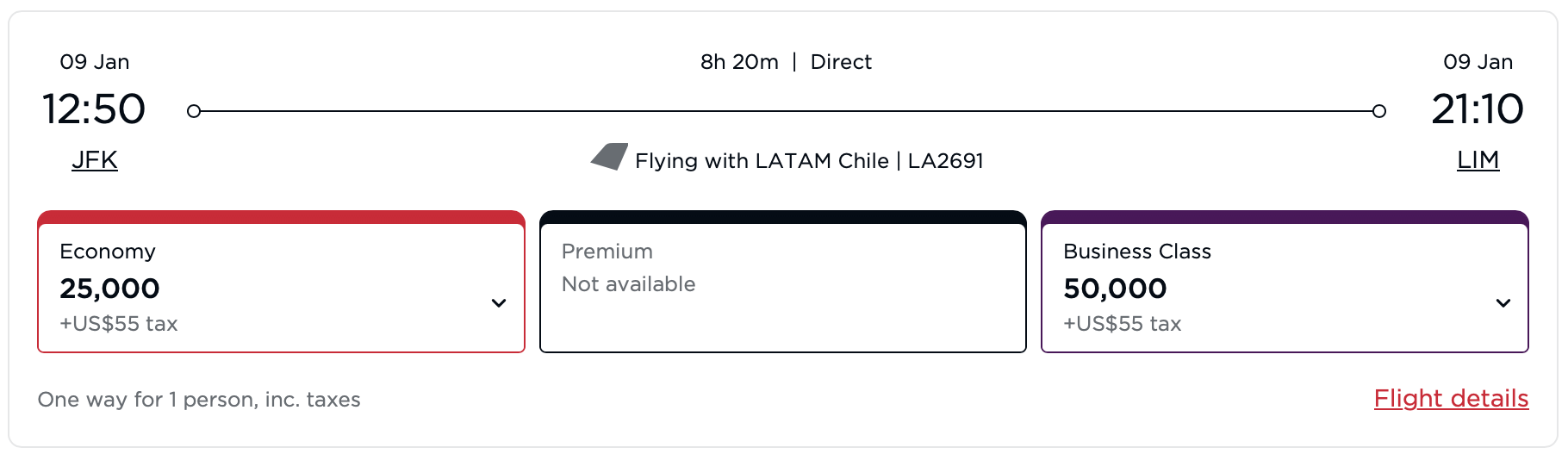 Virgin award booking flying LATAM from JFK-LIM for 50,000 points in business class.