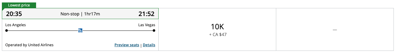 flight results for a flight from Los Angeles to Las Vegas. 10,000 points plus $47 for economy