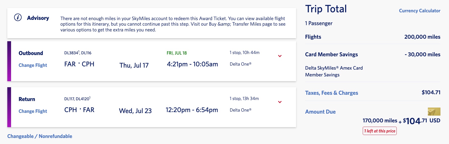 flights from fargo to copenhagen in delta one business class for 170,000 skymiles