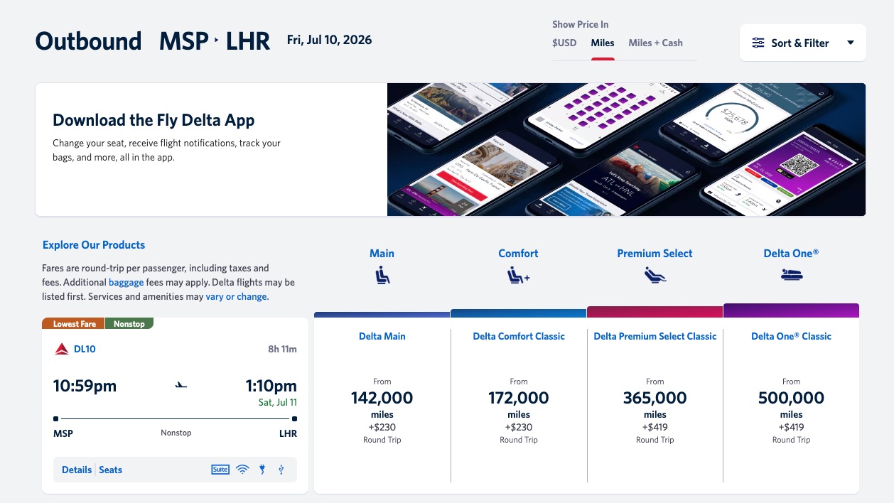 minneapolis to london for 142,000 skymiles