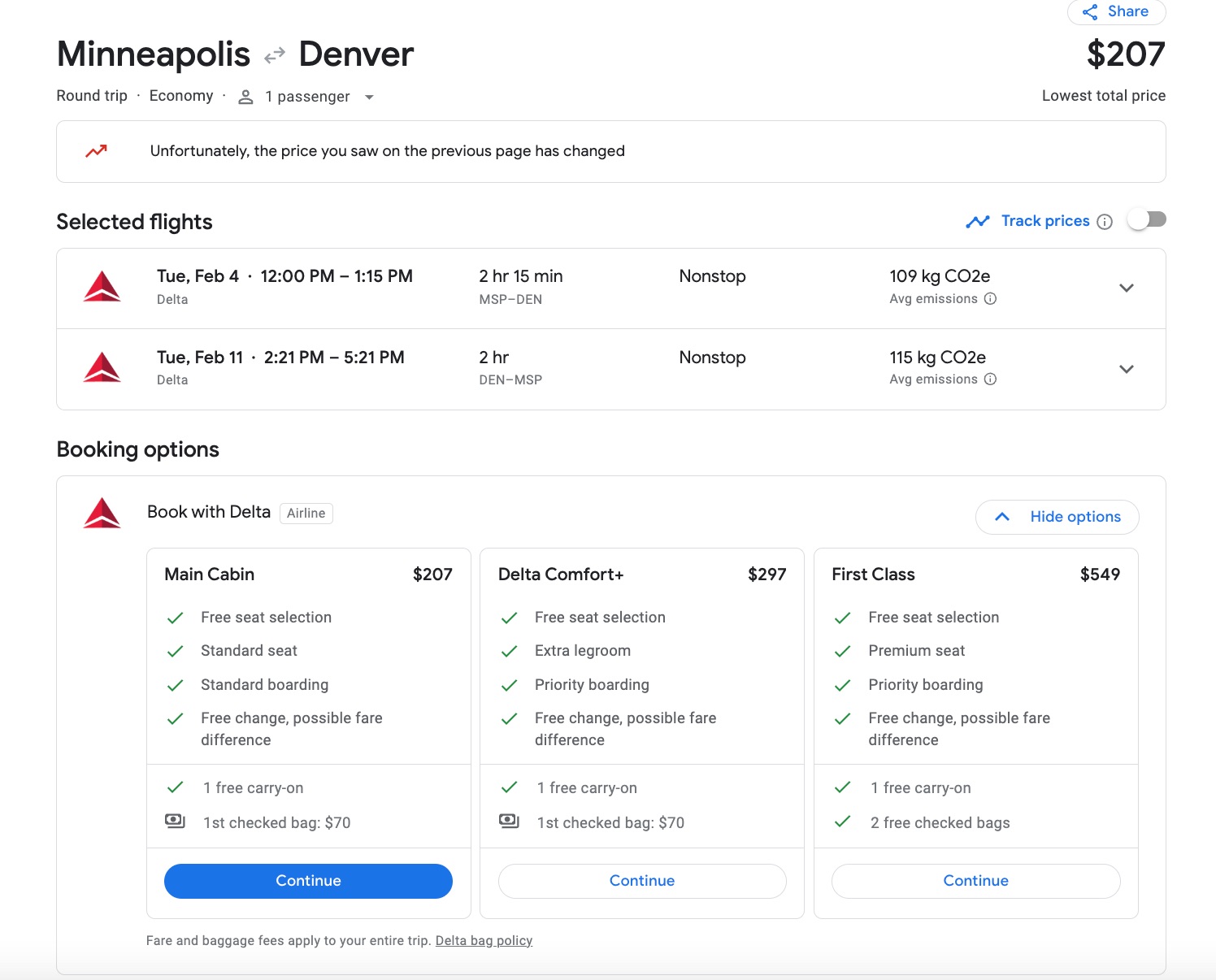 google flights example from minneapolis to denver