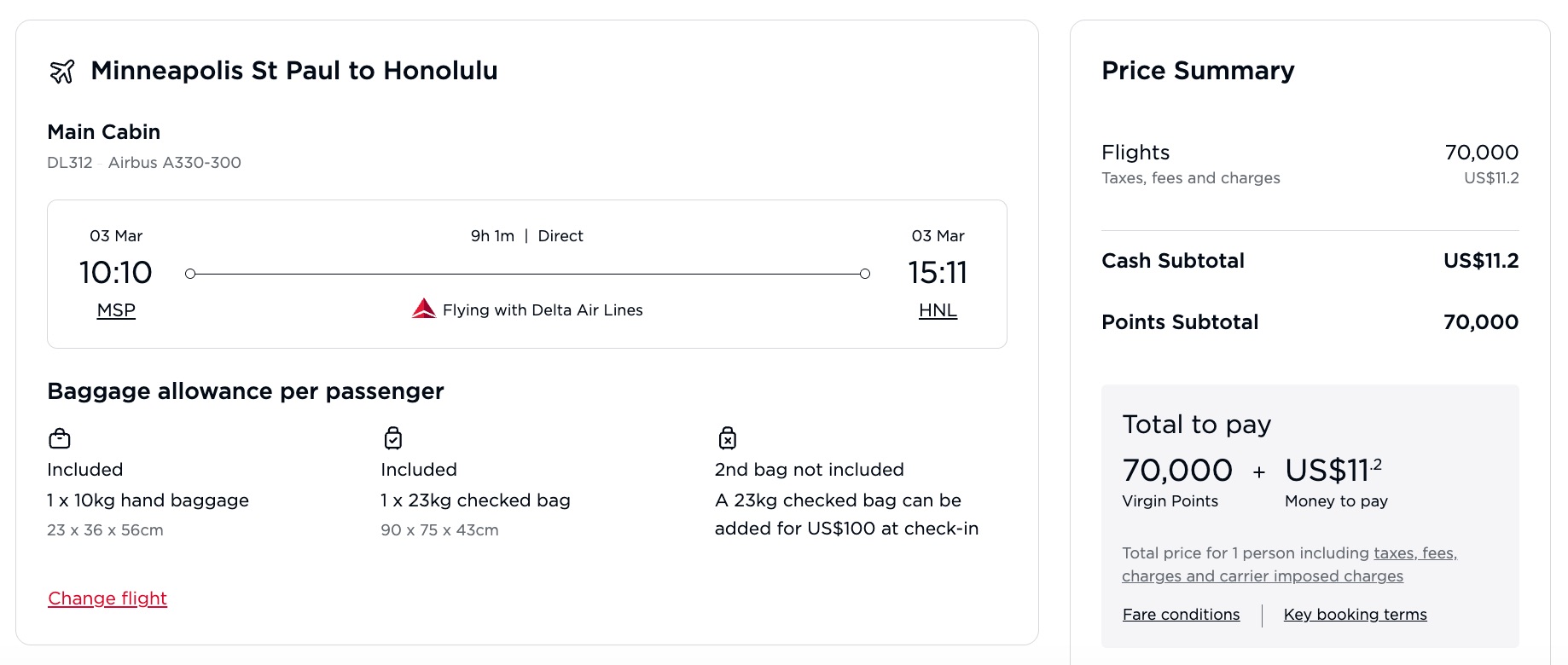 minneapolis to honolulu on delta for 70,000 miles