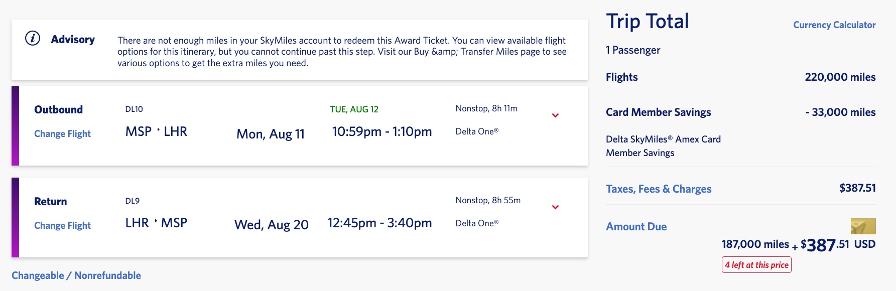 minneapolis to london flightsin delta one for 187,000 skymiles