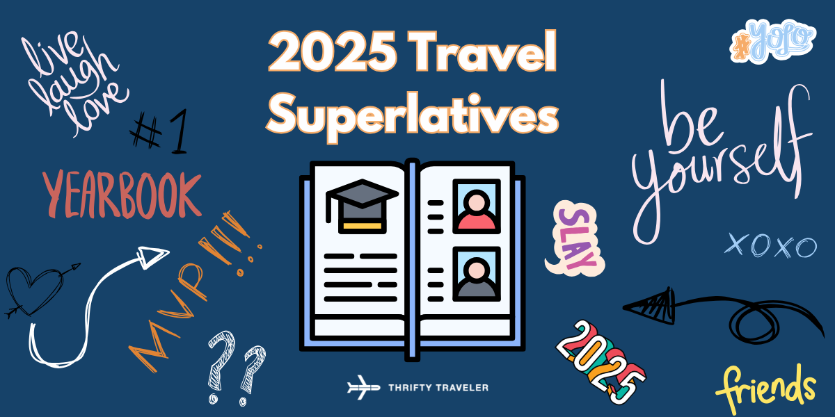 2025 travel superlatives with a yearbook and art