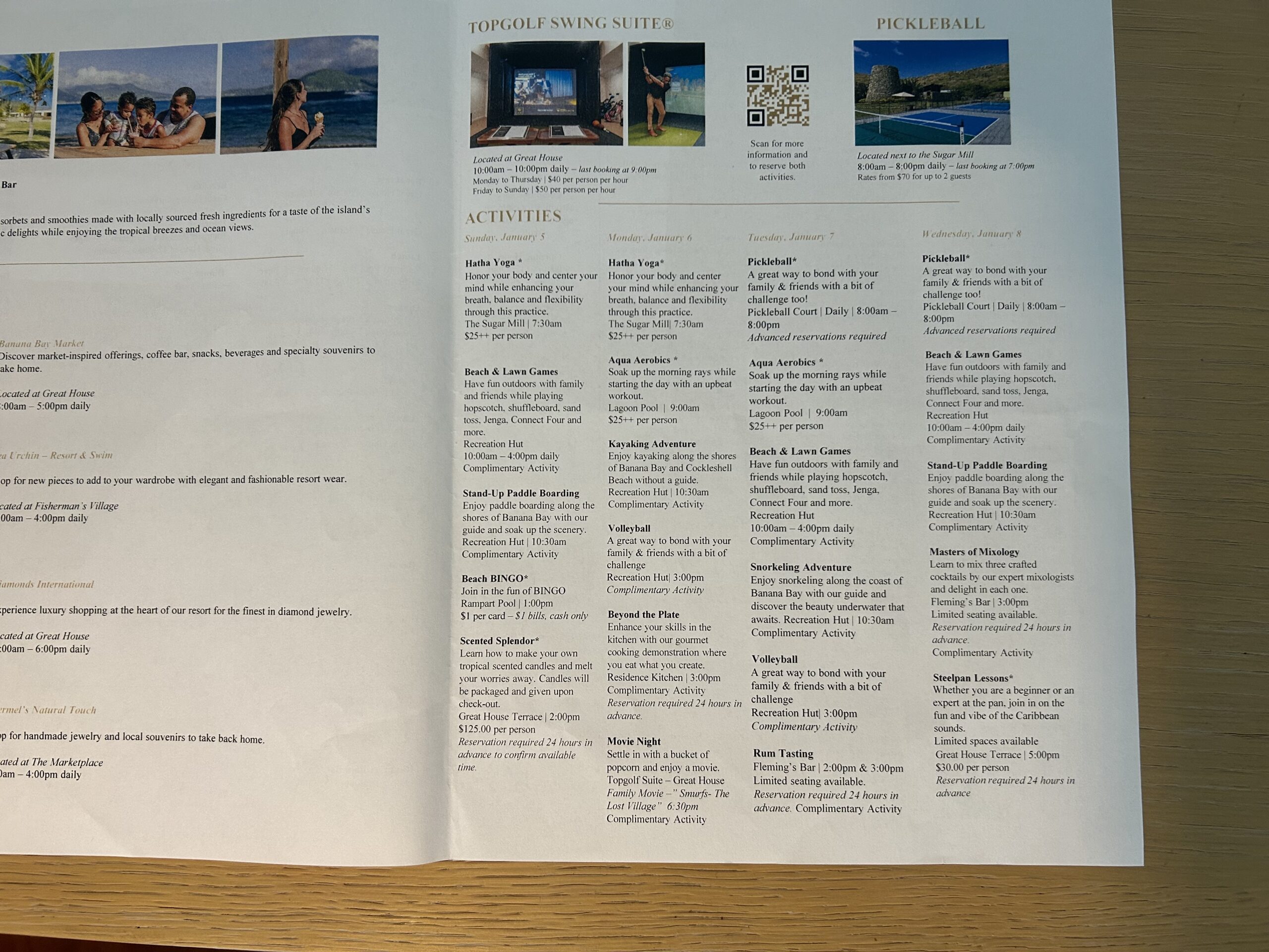 The activities list and times listed out in a brochure for hotel guests. 