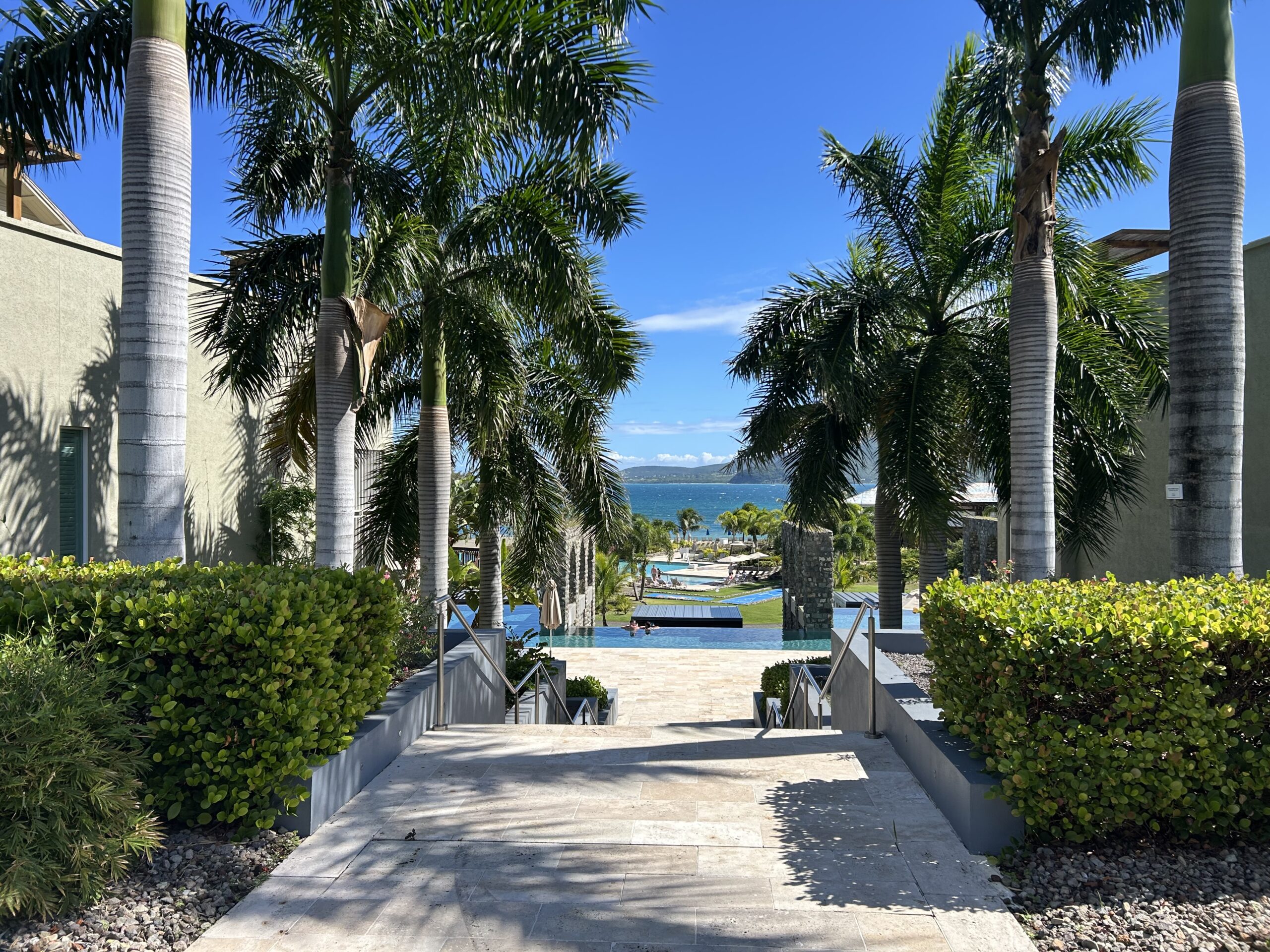 Both pools, the ocean, and Nevis in the background