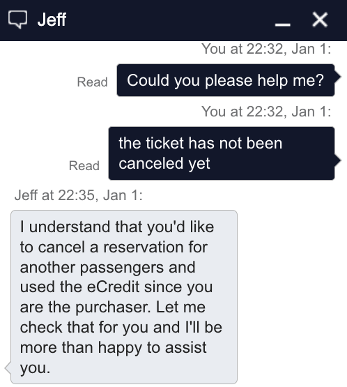 A customer service representative replying after asking for a transfer of an e-credit through the Delta chat function