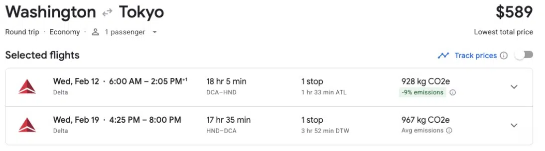 Washington, D.C. to Tokyo roundtrip economy flight on Delta for $589