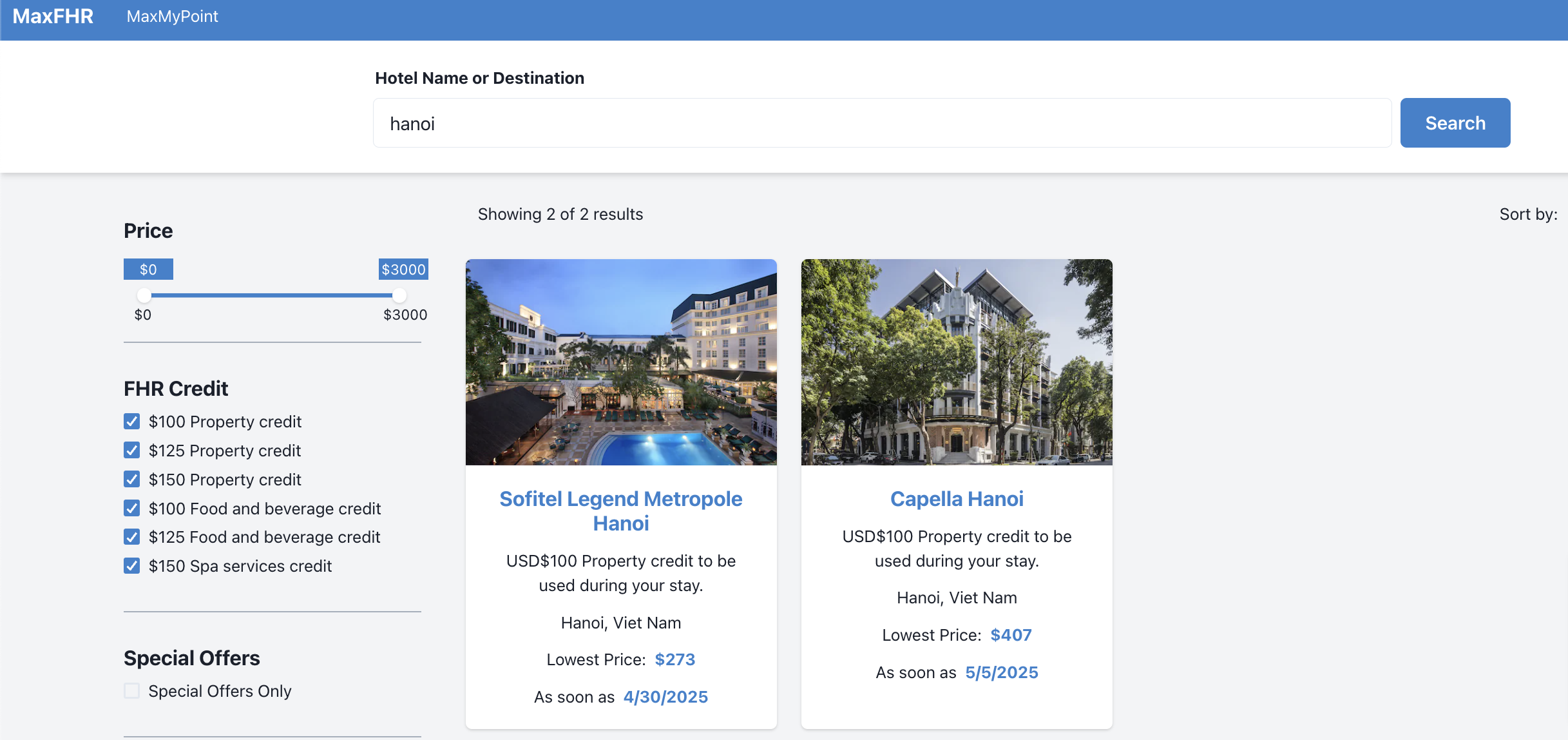 MaxFHR website search results of Hanoi hotels